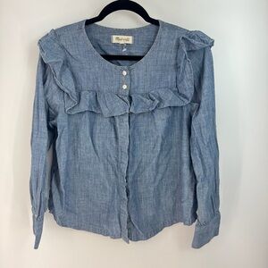 MadeWell Denim Front Button Up Long Sleeve Ruffled Babydoll Top